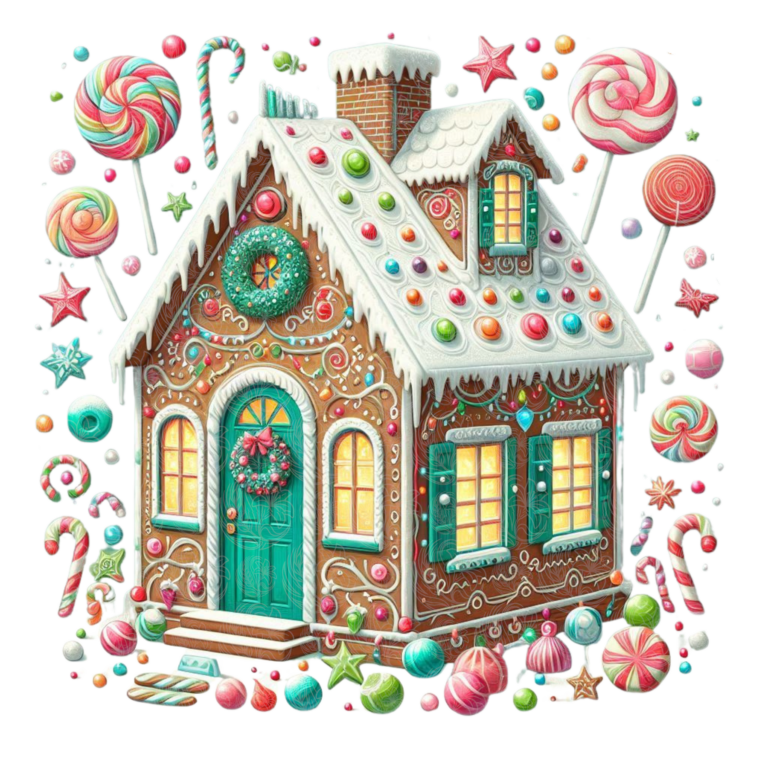 Gingerbread house decorated with icing candy canes lollipops and colourful sweets Grey Barn Handwerk Saskatchewan